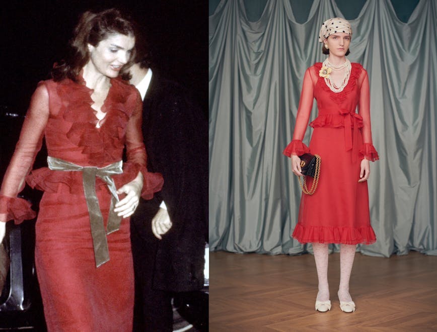 Le look de Jackie Kennedy-Onassis (1970) qui a inspiré Alessandro Michele pour la pré-collection Valentino printemps-été 2025.